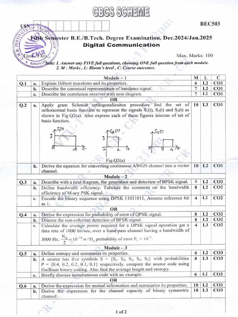 VTU Question Paper of BEC503 Digital Communication Dec-2024 - Jan-2025 ...