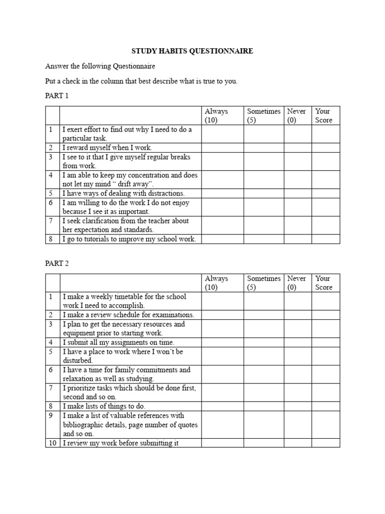 Study Habits Questionnaire 1 | PDF | Essays | Behavioural Sciences