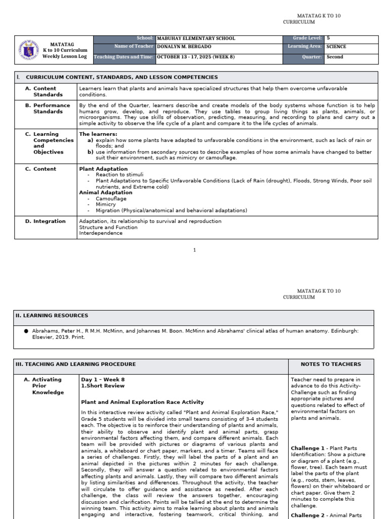 DLL Matatag - Science 5 - Q2 - W8 | PDF | Predation | Mimicry