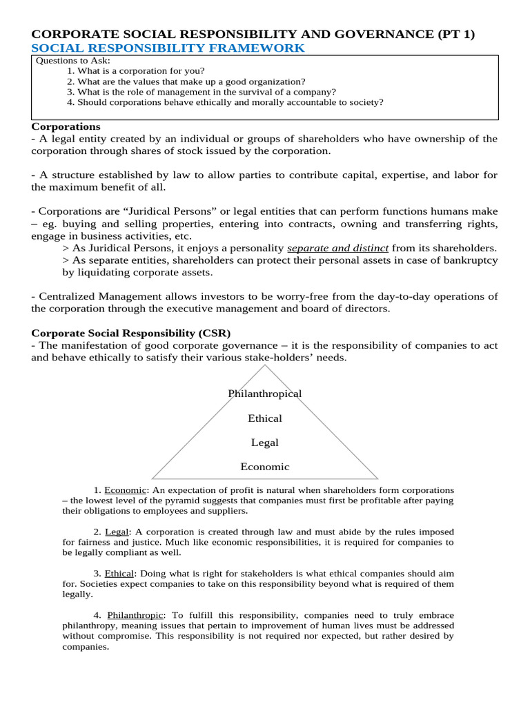 Part 1 Notes | PDF | Corporate Social Responsibility | Corporations