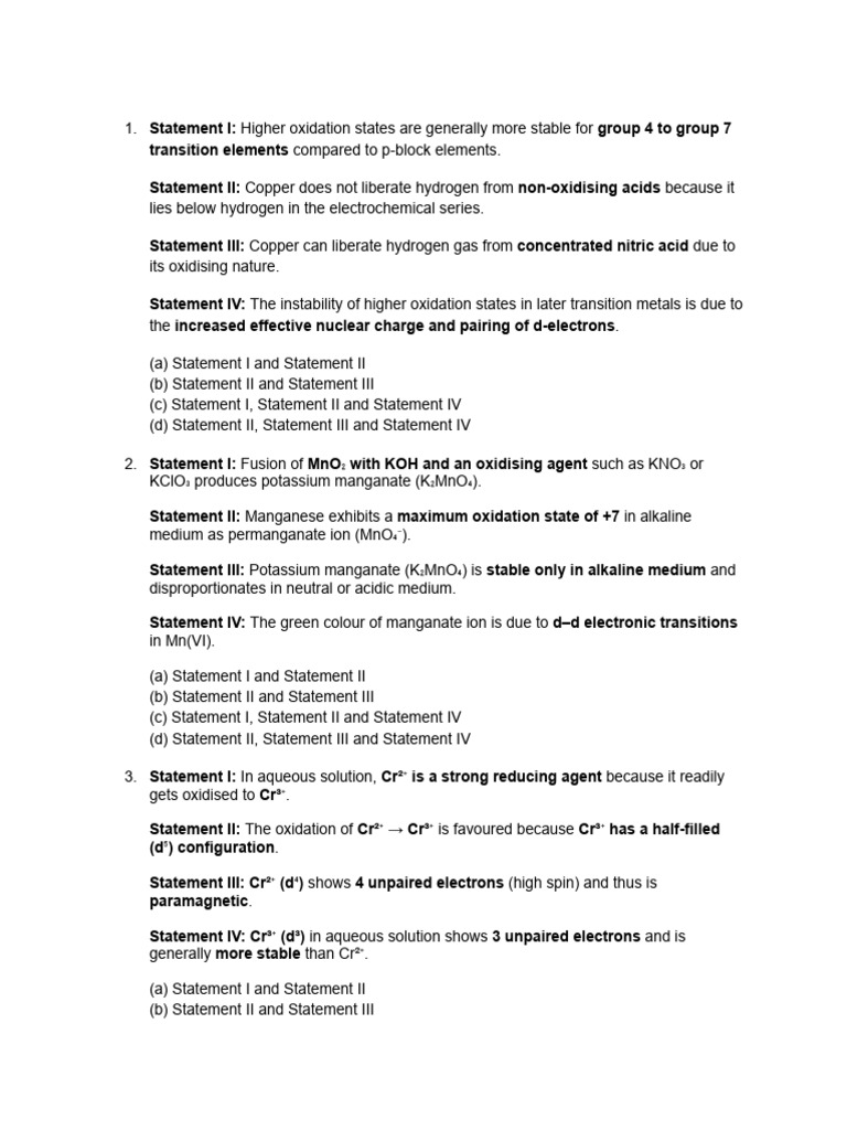 D and F Block Statement Based | PDF | Transition Metals | Manganese
