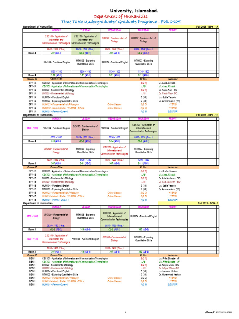 7 - Humanities - Time Table - Fall 2025 | PDF | Liberal Arts Education