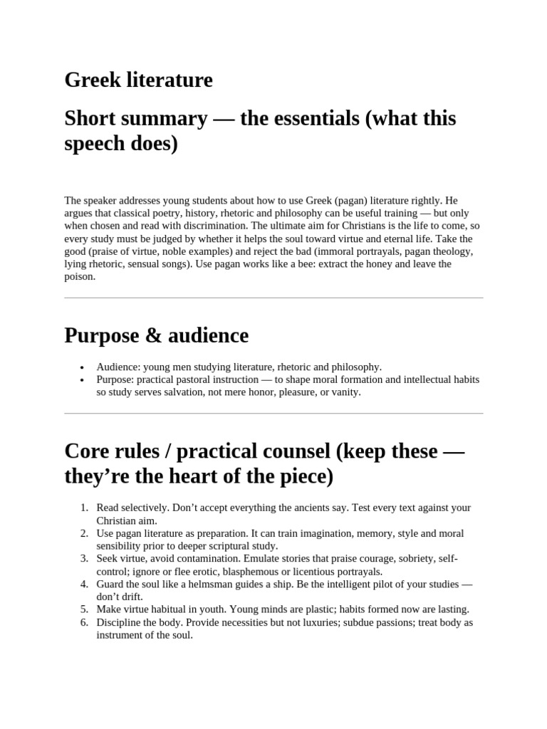 Greek Literature Short Summary - The Essentials (What This Speech Does ...