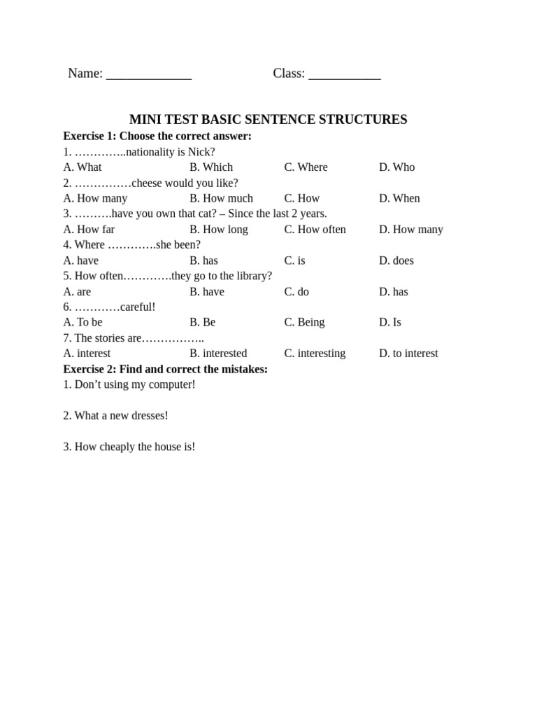 5a1 Mini Test Basic Sentence Structures | PDF