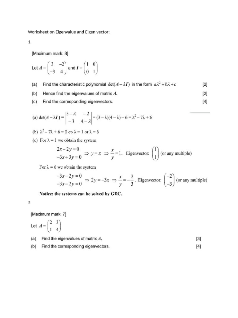 Worksheet On Eigenvalue and Eigenvector | PDF