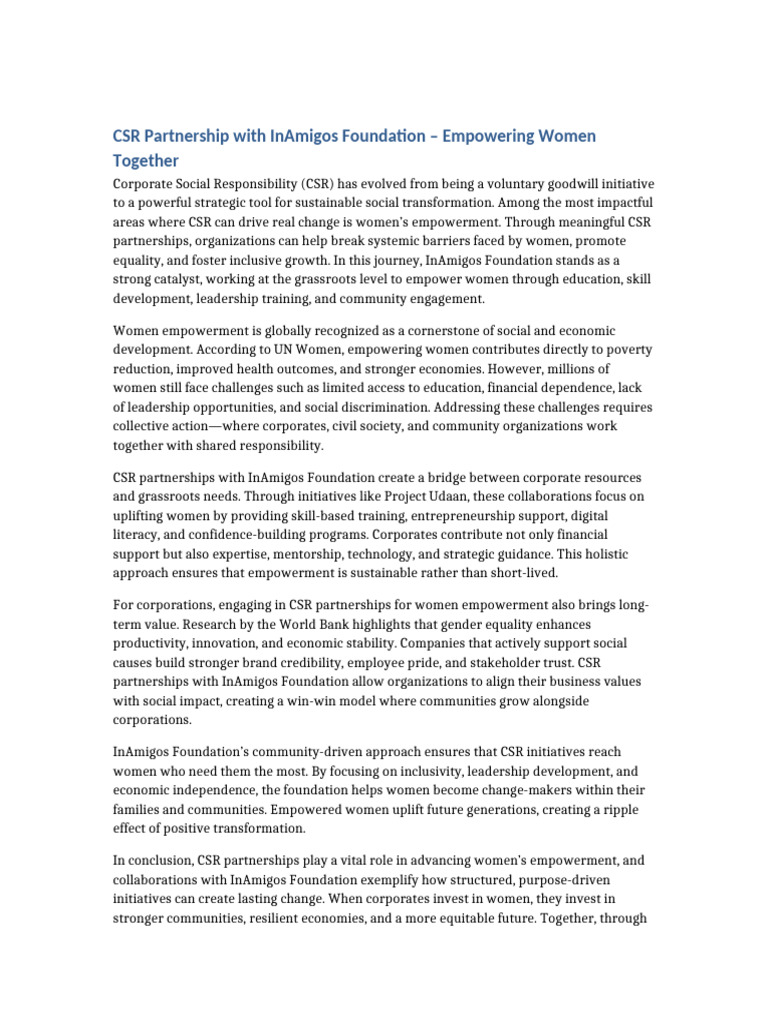 CSR Partnership InAmigos Women Empowerment | PDF | Empowerment ...
