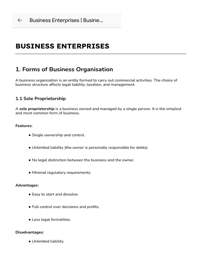 Business Enterprises - Business Organisation and Management | PDF ...