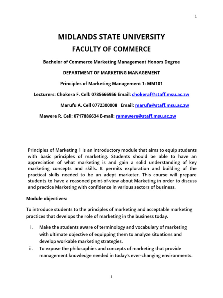 Principles of Marketing 1 MM131 Module Outline1 | PDF | Marketing ...