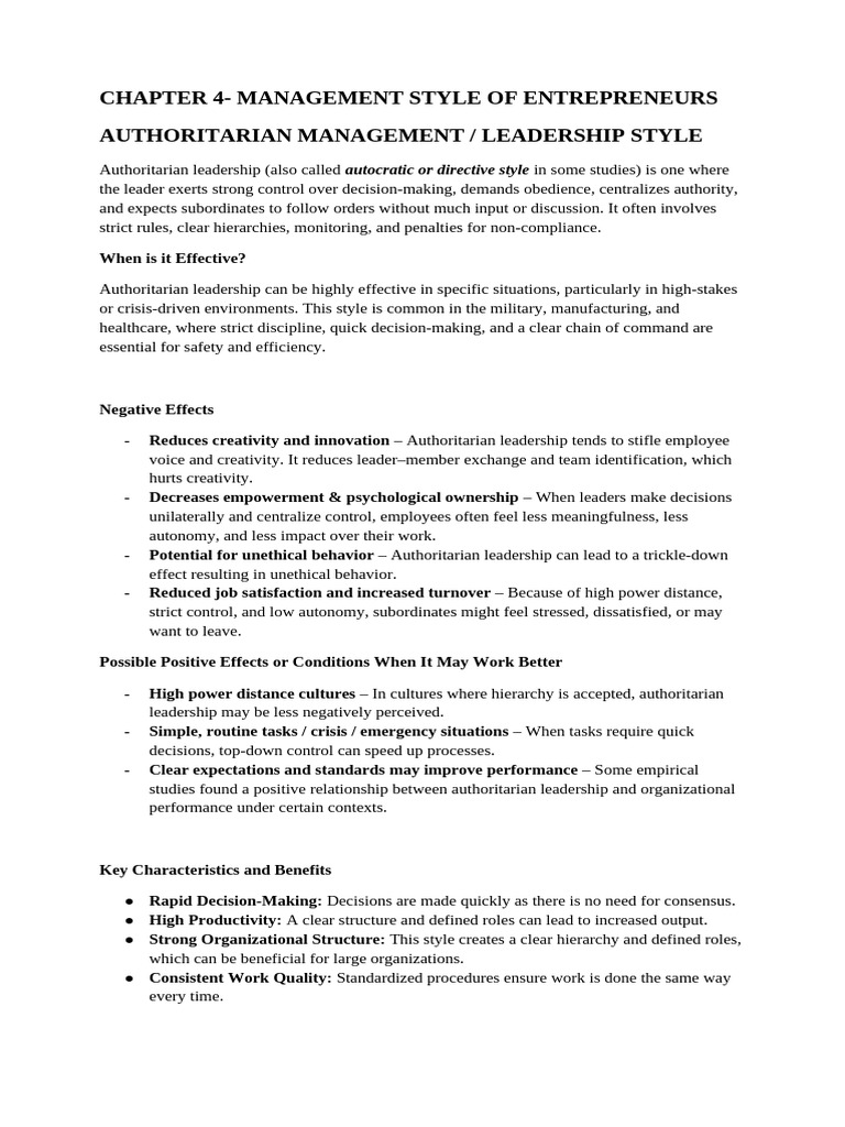Chap 4 Management Style of Entrepreneurs | PDF | Leadership | Bureaucracy
