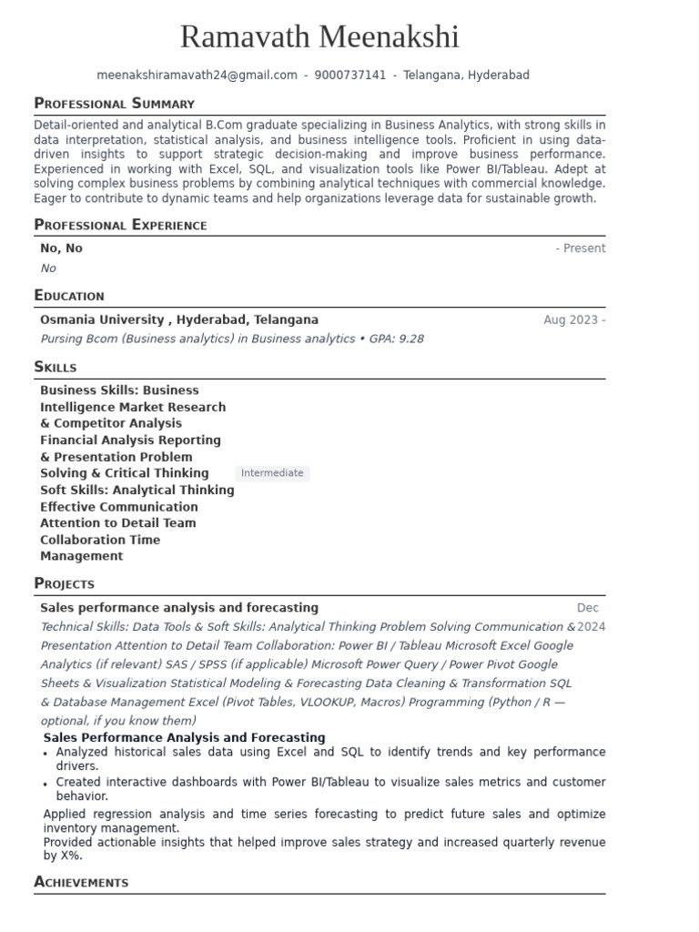 Ramavath Meenakshi Resume | PDF | Analytics | Microsoft Excel
