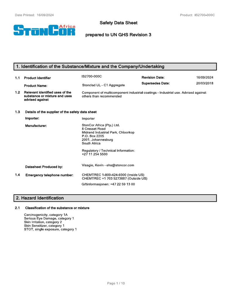 Stonclad UL C1 Aggregate SDS - en - US | PDF