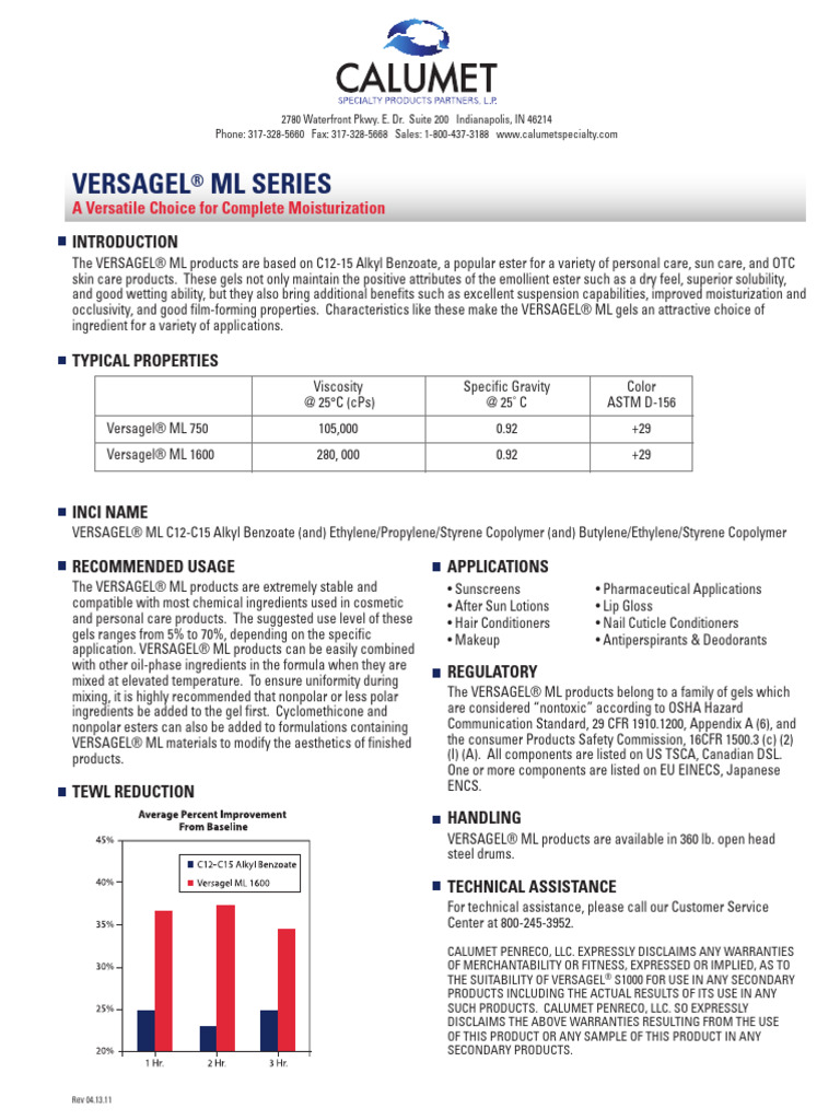Versagel ML Series Sales Sheet | PDF | Cosmetics | Chemical Substances