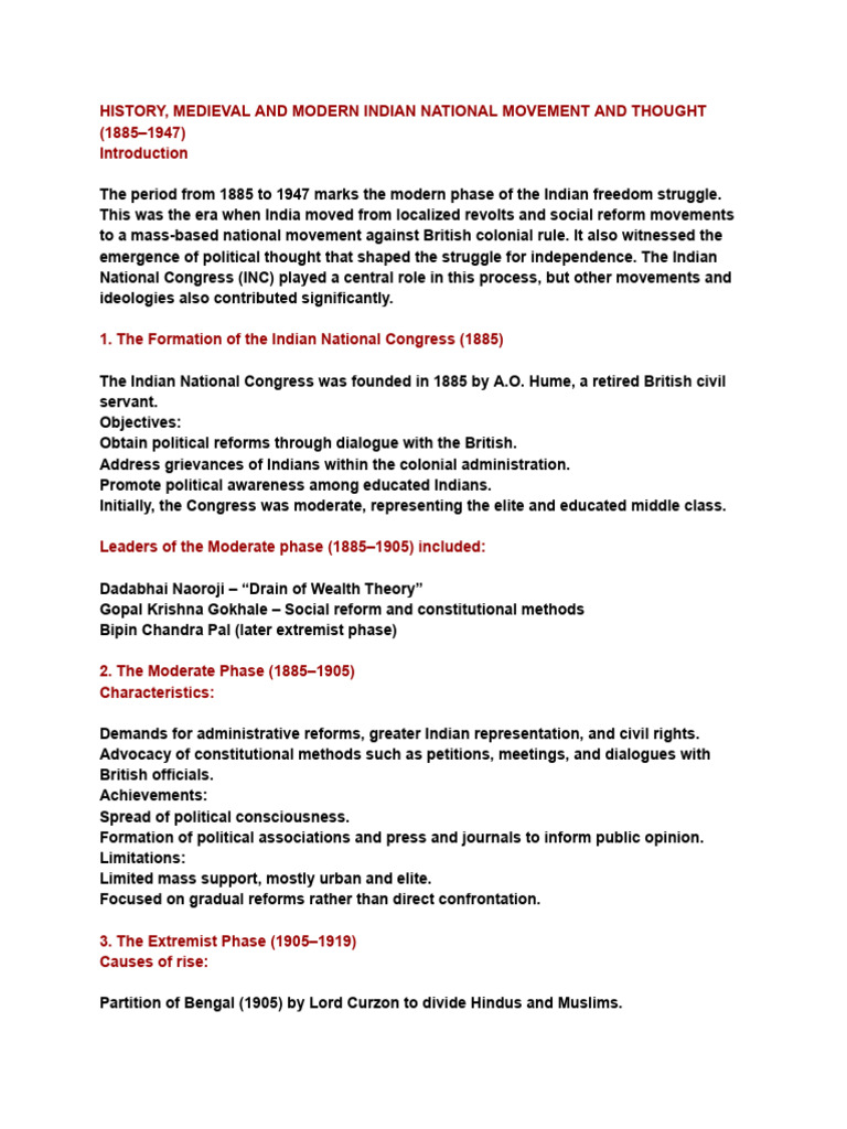 History, Medieval and Modern Indian National Movement and Thought (1885 ...
