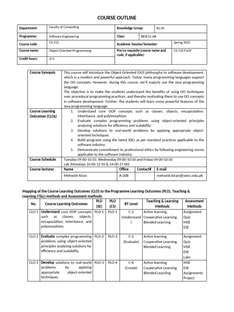 Course Outline CS-212 OOP BSCS Spring 2025 Jaudat | PDF | Method ...