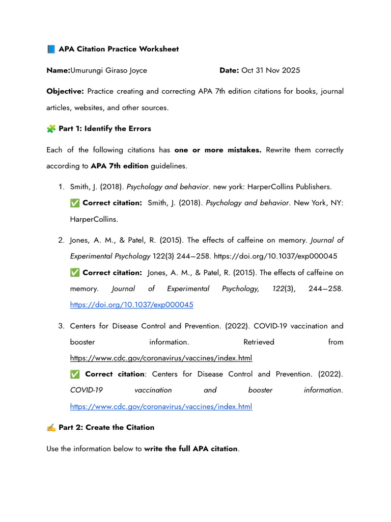 ? APA Citation Practice Worksheet | PDF | Apa Style