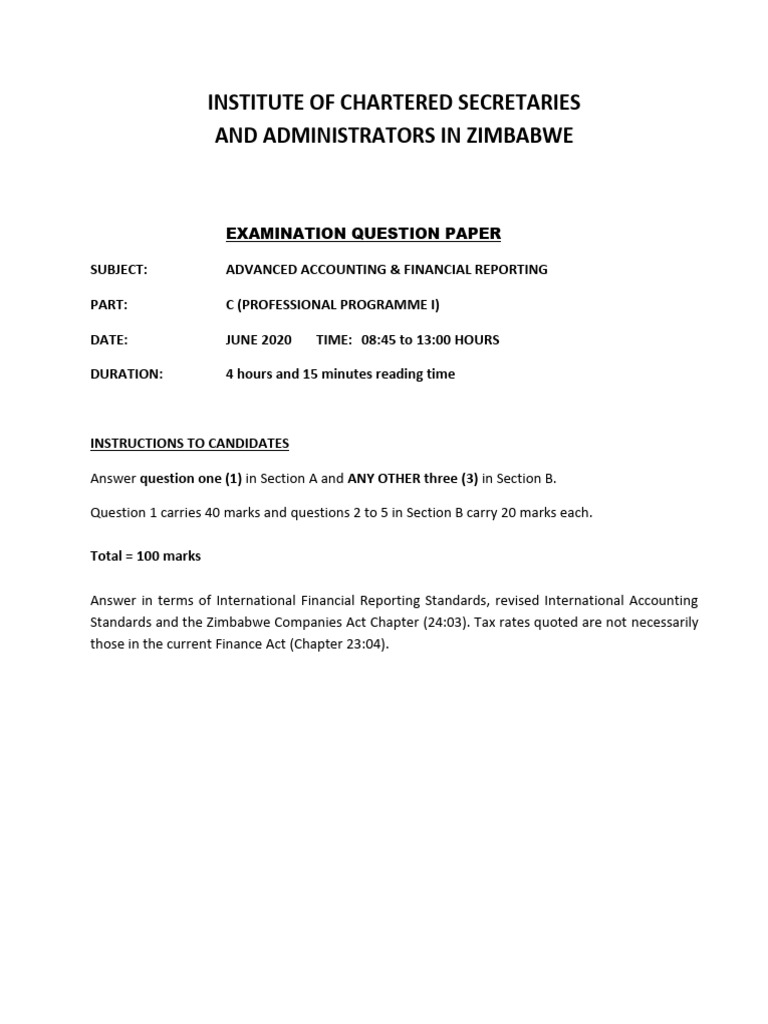Advanced Accounting and Financial Reporting June 2020 Question Paper ...