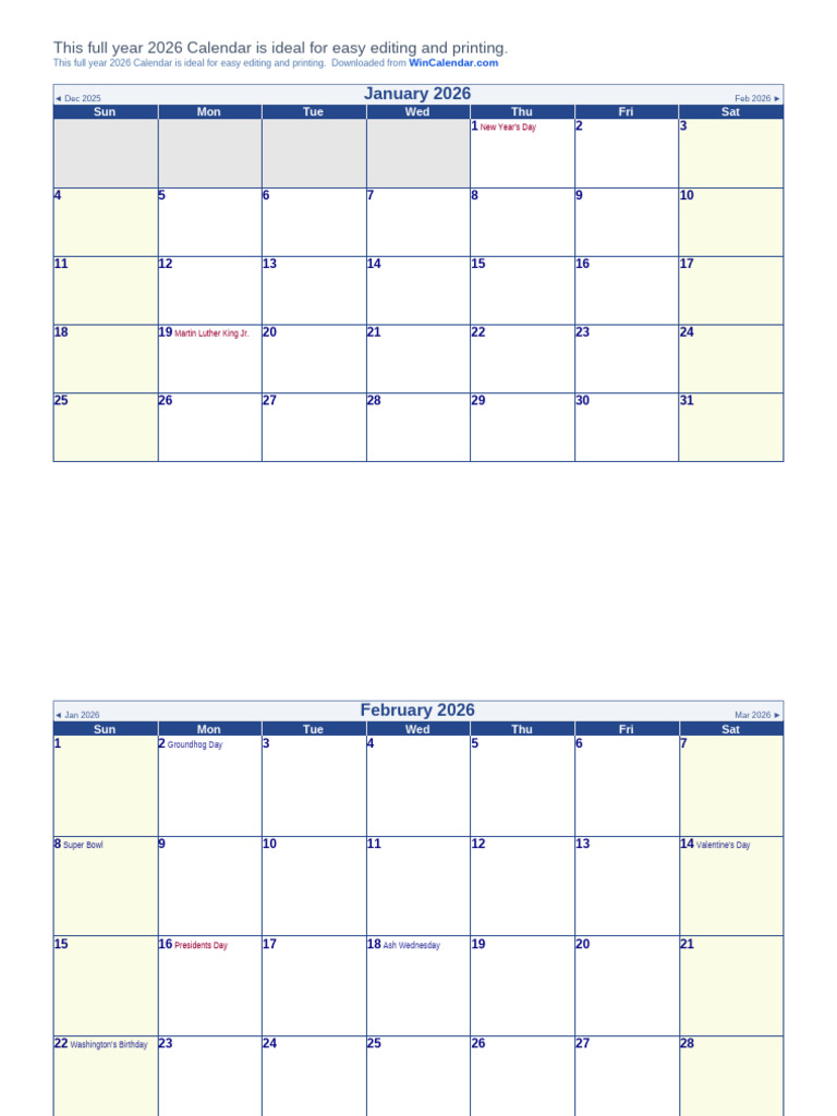 2026 Word Calendar US Holidays | PDF | Observances | Organized Events