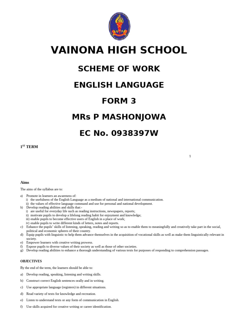 Form 3 Schemes - Eng Language (Term 1) Mrs Mashonjowa | PDF | Reading ...