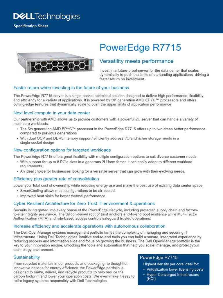 Poweredge r7715 Spec Sheet | PDF | Data Center | Dell