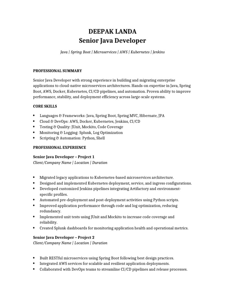 Senior Java Developer Experience Resume Template | PDF
