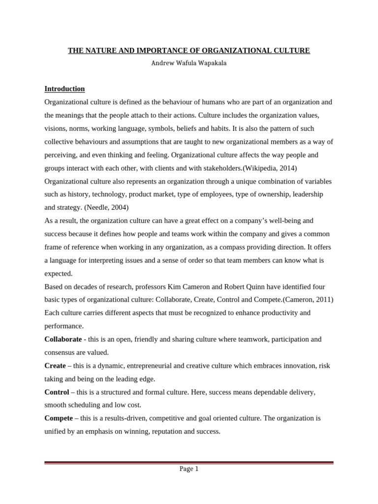 The Nature & Importance of Organizational Culture | PDF ...