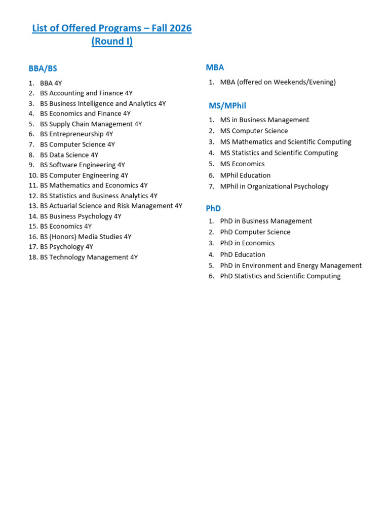 List of Programs Fall 2026 Round I Semi Final | PDF