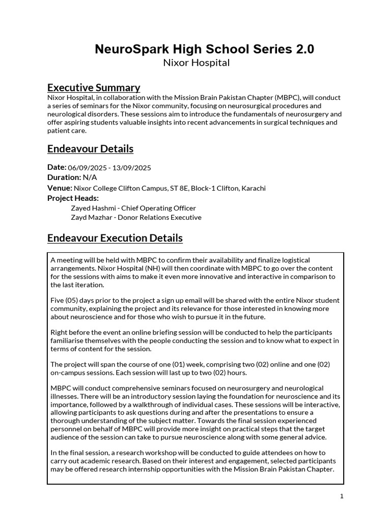 NeuroSpark High School Series - Ops Plan PDF | PDF | Neurosurgery