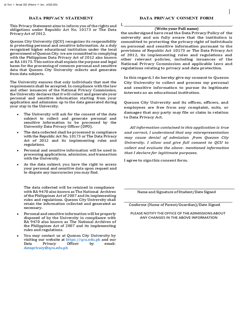 QCU-Admission-Form-2026-2027 Revised | PDF | Information Privacy | Privacy