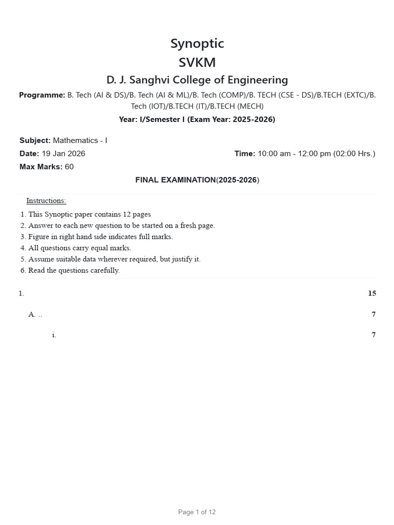 ANS - Final-Exam - Mathematics - I (DJS23FBS101) - Semester I - 2025 ...