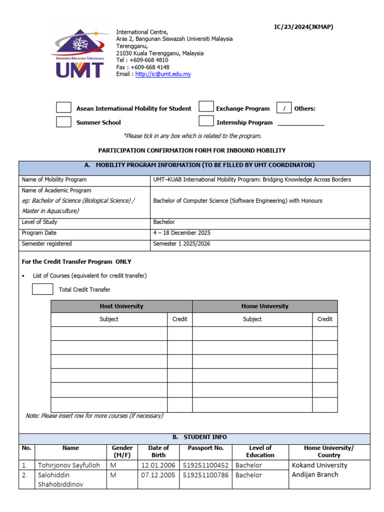 1 3 IC23 Participation Confirmation Form For Inbound Mobility | PDF ...