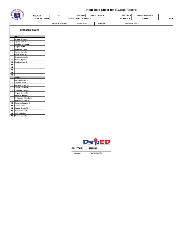E Class Record in Mathematics Grade1 | PDF