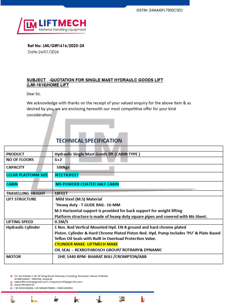 Half Cabin Home Lift Quotation-Ayush-1 | PDF | Mechanical Engineering ...