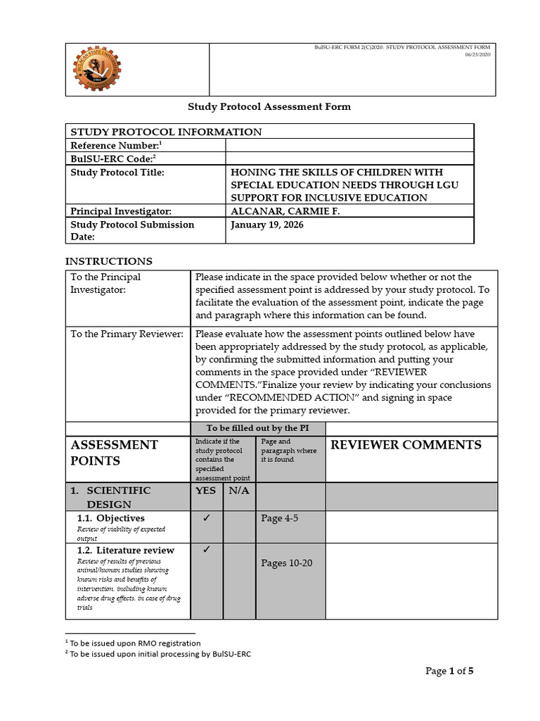 FORM 2C Study Protocol Assessment Form 1 1 | PDF | Consent