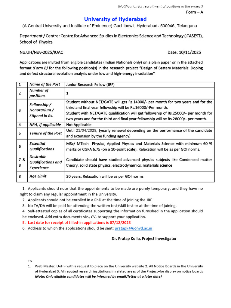 Notification For Recruitment JRF | PDF