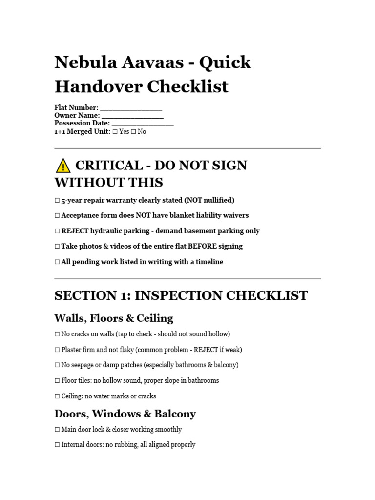 Nebula Aavaas Personal Handover Checklist | PDF | Bathroom | Door