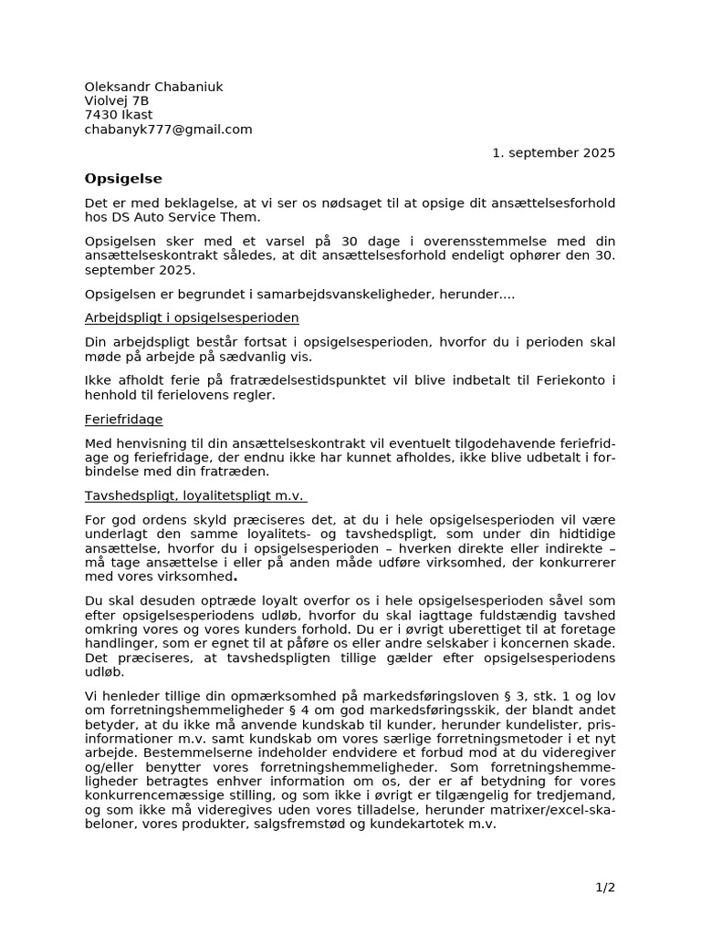 Opsigelse Af Medarbejder | PDF