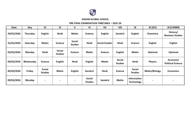 Pre Final Time Table | PDF