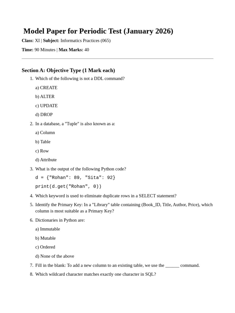Model Paper For Periodic Test (January 2026) | PDF | Table (Database) | Sql