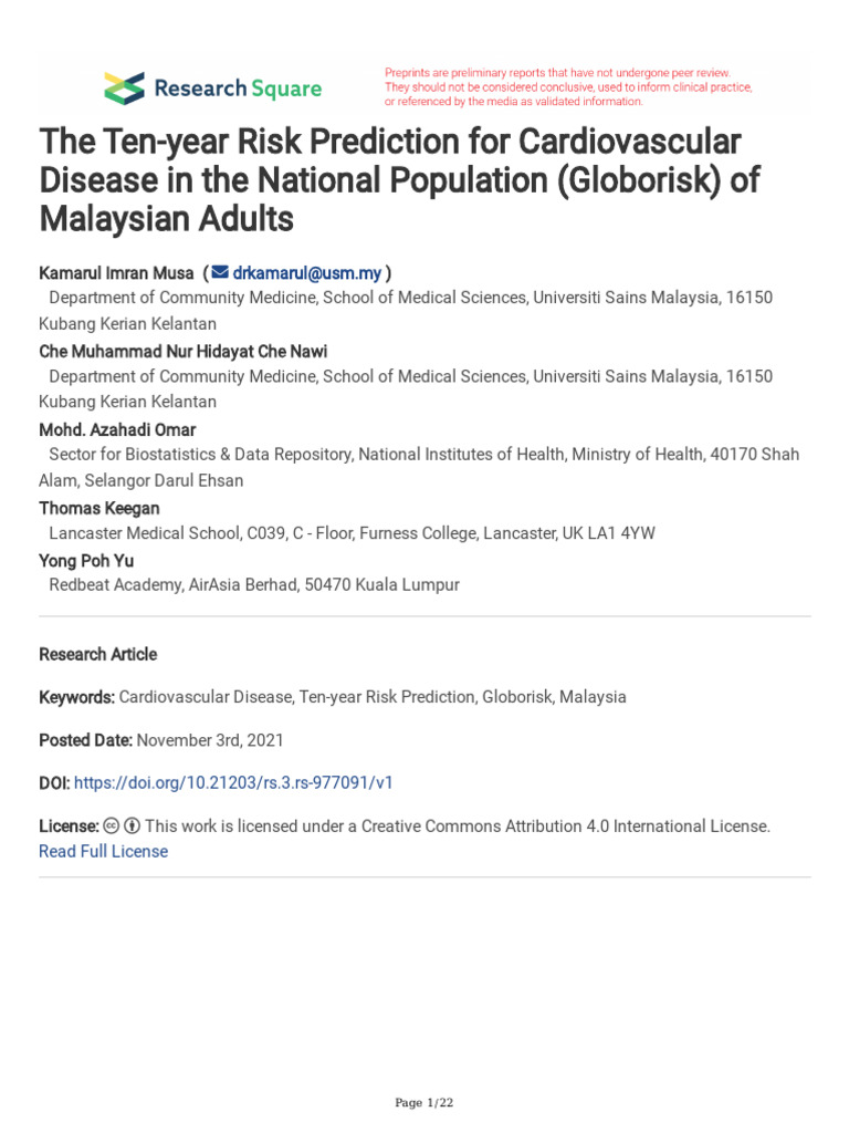 The Ten-Year Risk Prediction For Cardiovascular Di | PDF ...