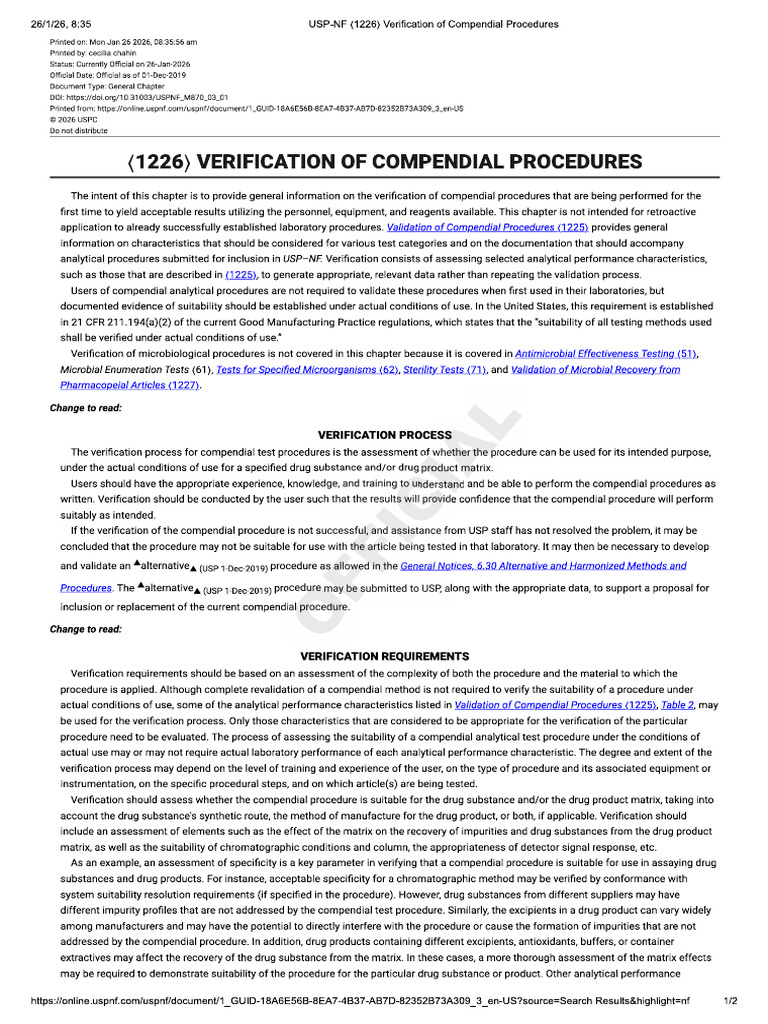 USP-NF 1226 Verification of Compendial Procedures | PDF