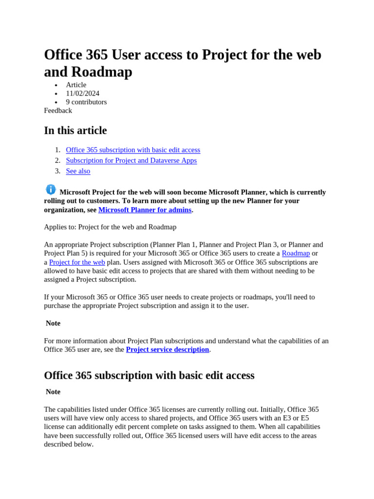 Office 365 User Access To Project For The Web and Roadmap | PDF ...
