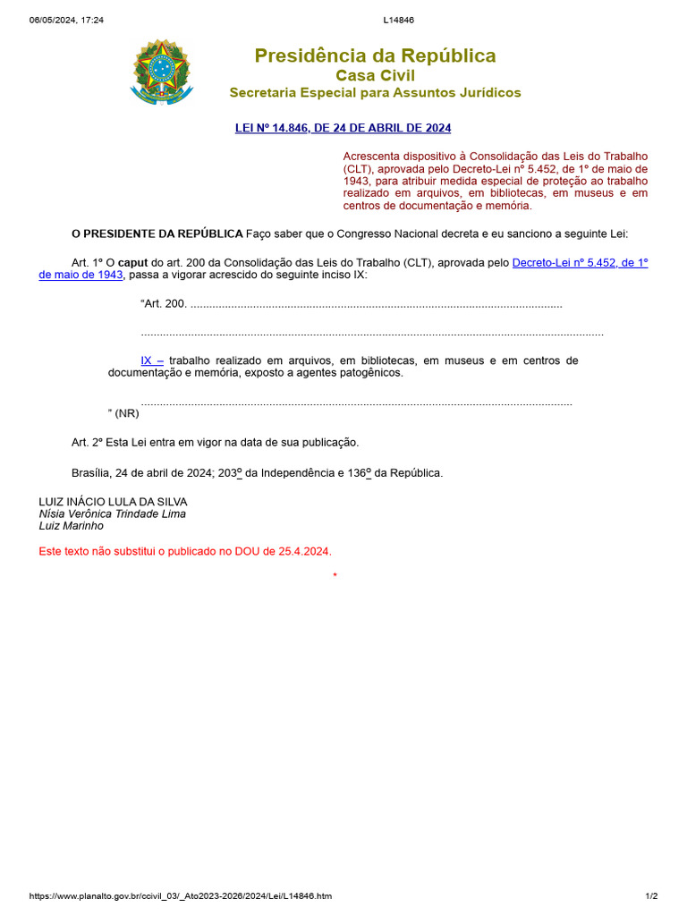 Lei 14846 - Sobre Disposito de Insalubridade para Bibliotecas - Muses ...