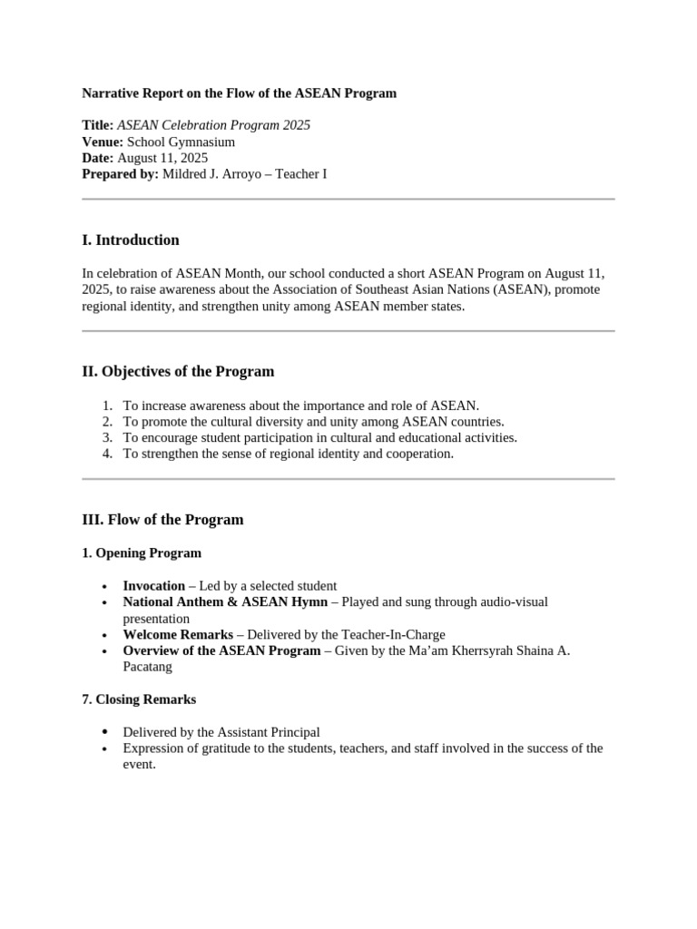 Narrative Report On The Flow of The ASEAN Program | PDF