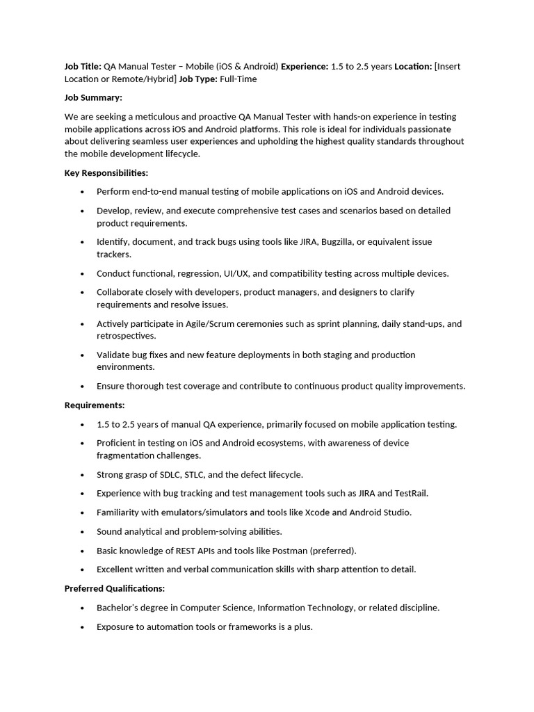 Job Description - Manual Mobile Tester | PDF | Agile Software ...