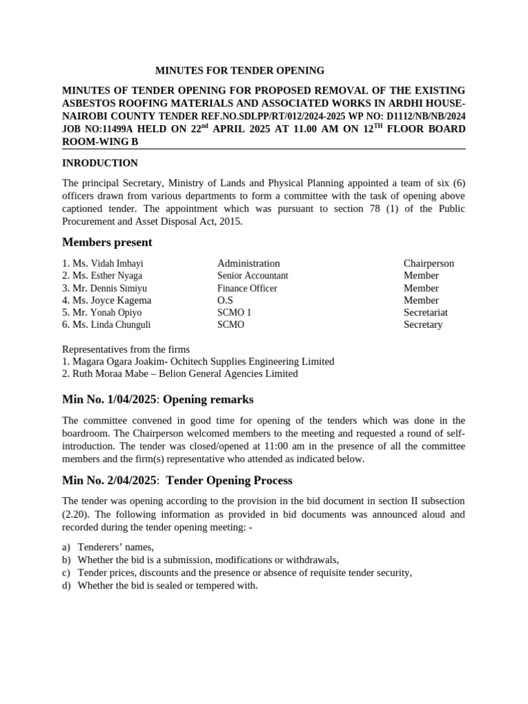 MINUTES FOR TENDER OPENING - Asbestos | PDF | Chess Theory | Chess