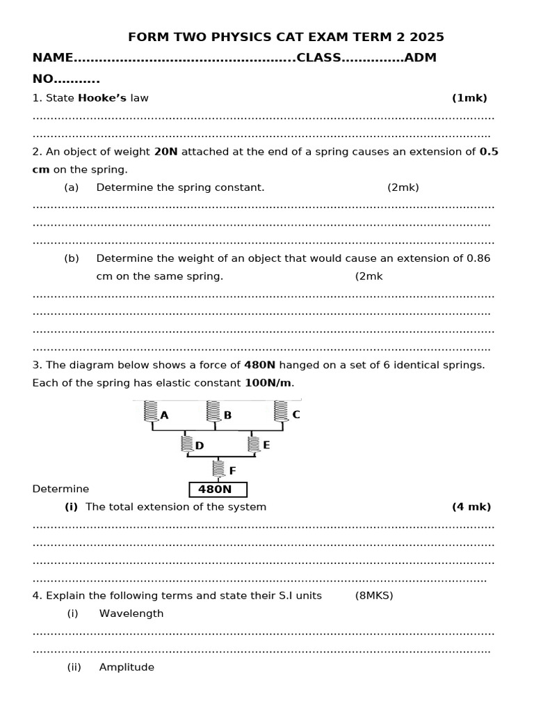 Form Two Physics Cat Exam Term 2 2025 | PDF | Waves | Sound