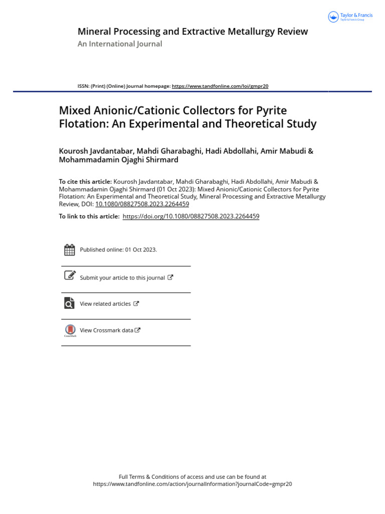 Mixed Anionic Cationic Collectors For Pyrite Flotation AnExperimental ...