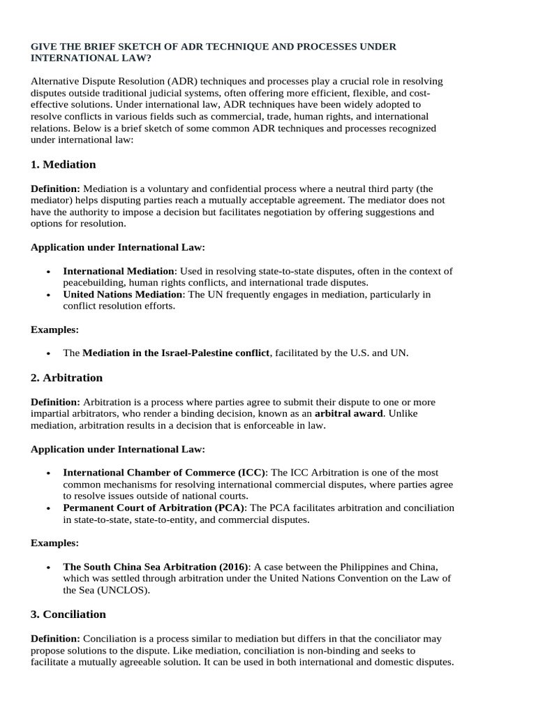 Give The Brief Sketch of Adr Technique and Processes Under ...