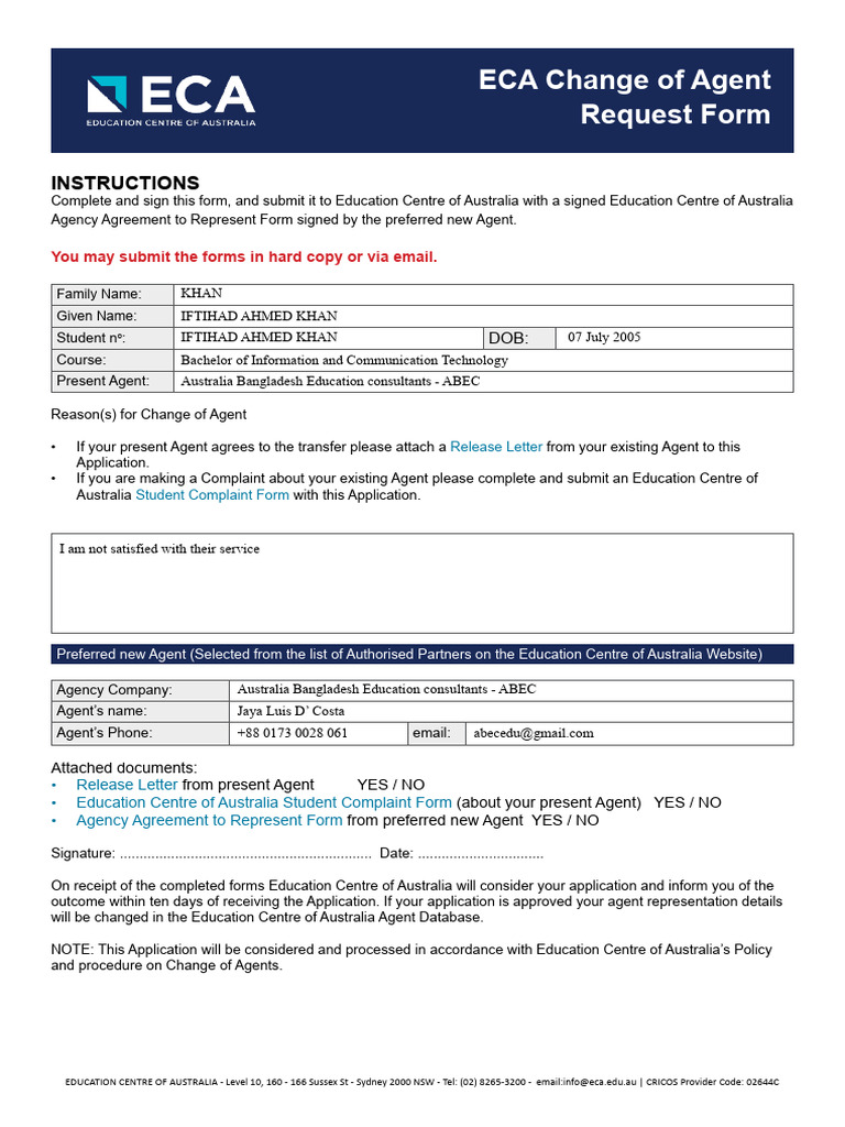 Change of Agent Form | PDF