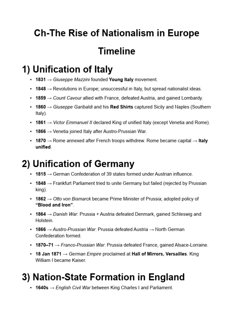 CH - The Rise of Nationalism in Europe (Timeline-Unifications) | PDF